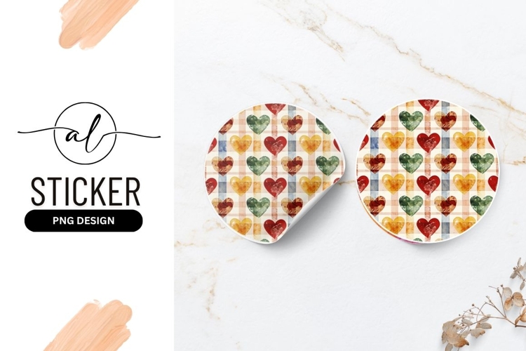 Watercolor Hearts Plaid Seamless Pattern Round Sticker Png