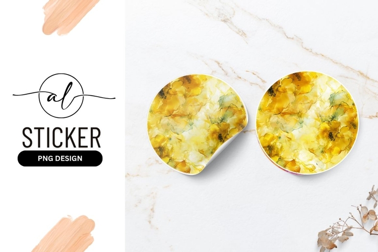 Yellow Floral Ink Painting In Round Sticker Png