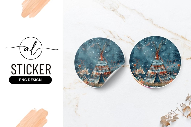 Watercolor Teepee With Floral Decoration Round Sticker Png