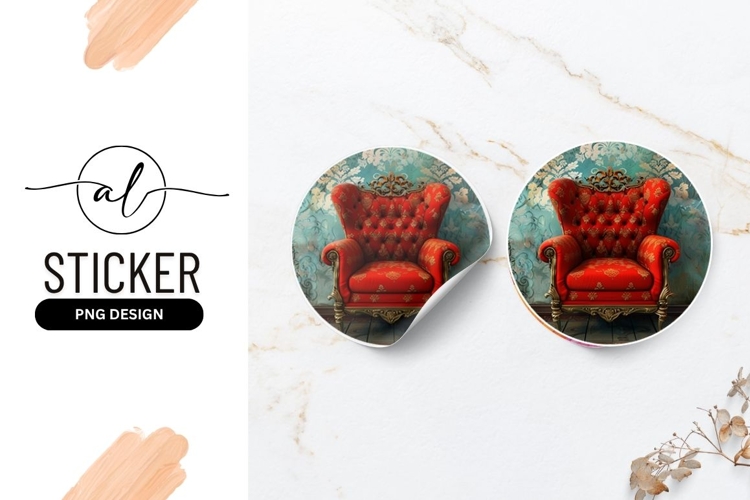 Elegant Red Armchair Against Ornate Wallpaper Round Sticker