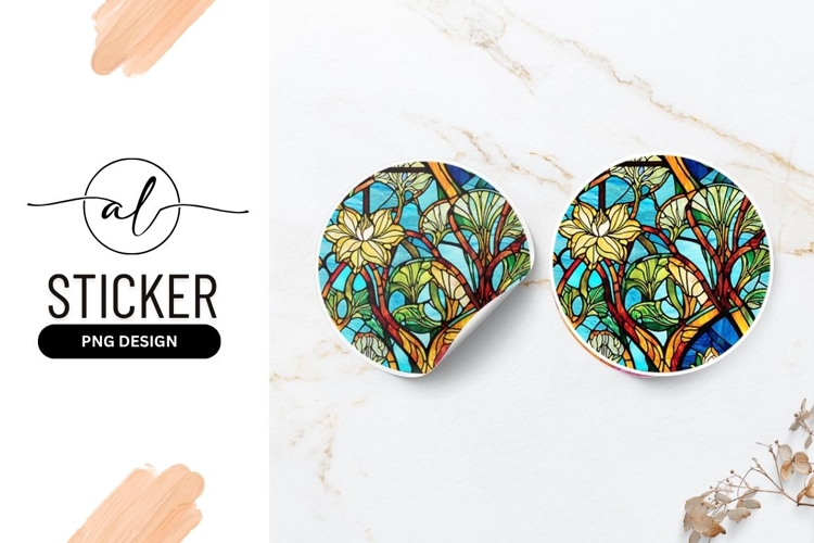 Stained Glass Flower Design Round Sticker Png