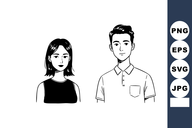 Vector illustration of young woman and man with simple black