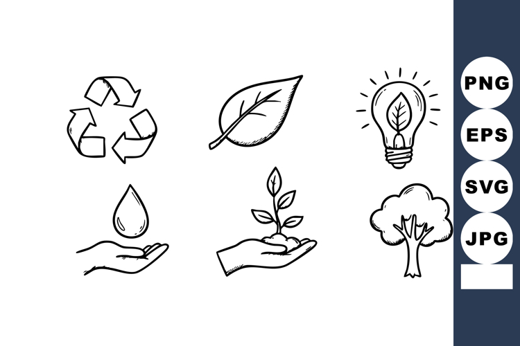 Eco Friendly Symbols Including Leaf Tree Hand Light Bulb And