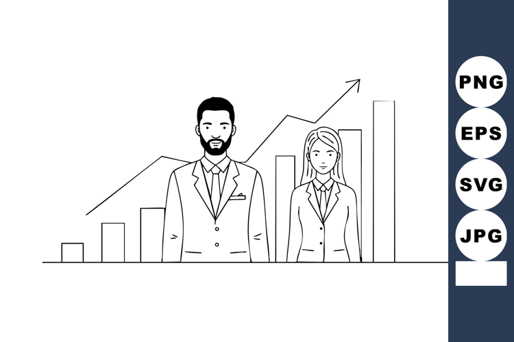 Businessman and businesswoman with bar chart and upward tren