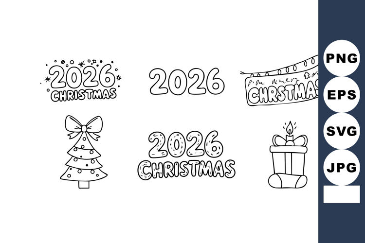 Christmas 2026 hand drawn doodles with gift tree and candle