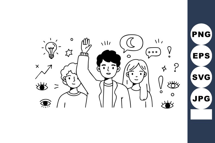 Group of diverse people raising hand with idea and communica