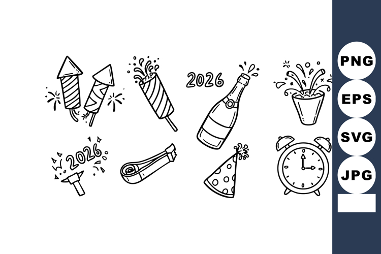 New Year 2026 Celebration Icons with Fireworks Party Hat and