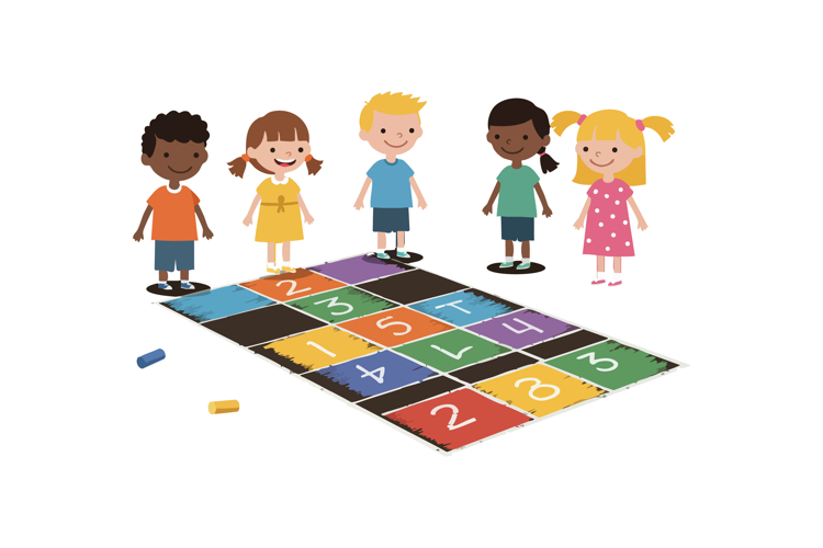 Children Playing Colorful Hopscotch Game Outdoors with Diver