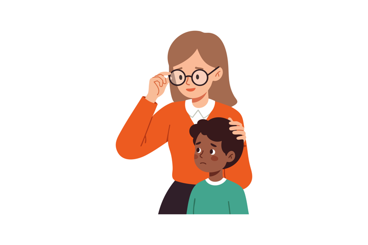 Woman comforting sad boy empathy and support in emotional mo