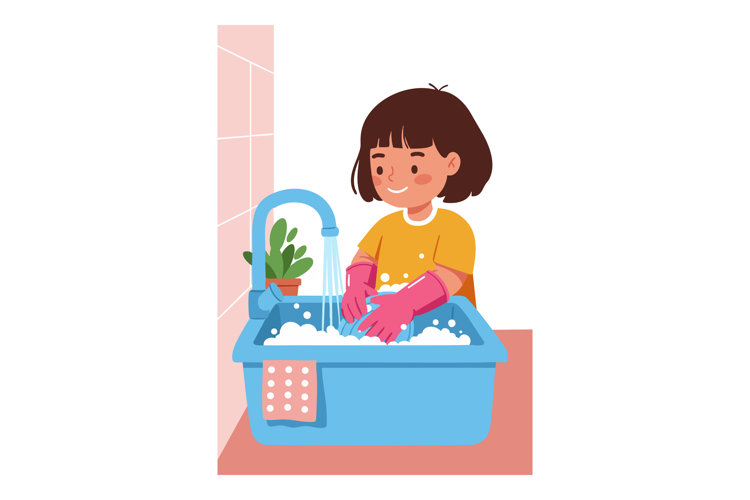 Child washing dishes in blue sink with pink gloves and yello