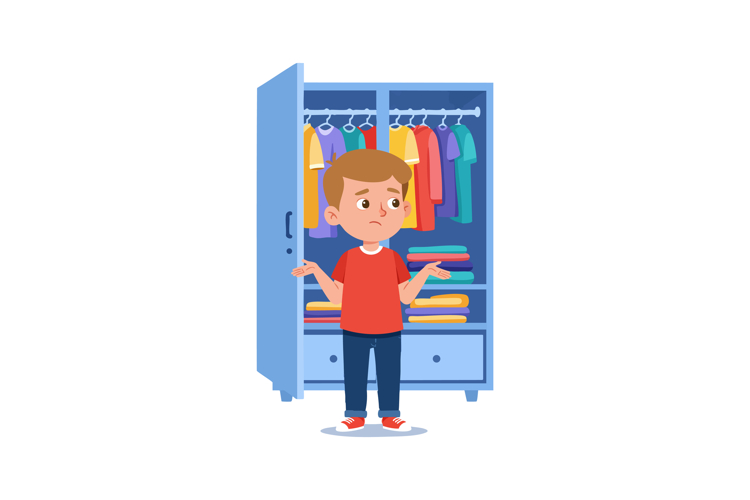 Confused child standing in front of open wardrobe with color