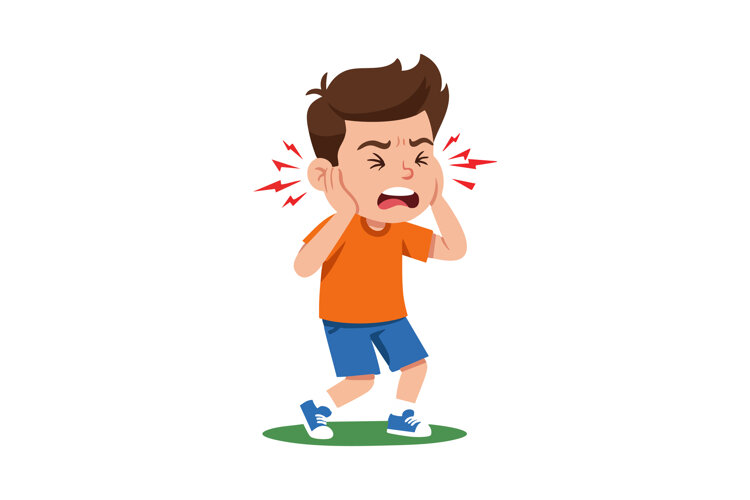 Boy experiencing ear pain with orange shirt and blue shorts example image 1
