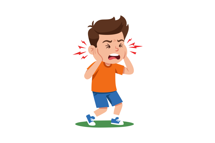 Boy experiencing ear pain with orange shirt and blue shorts