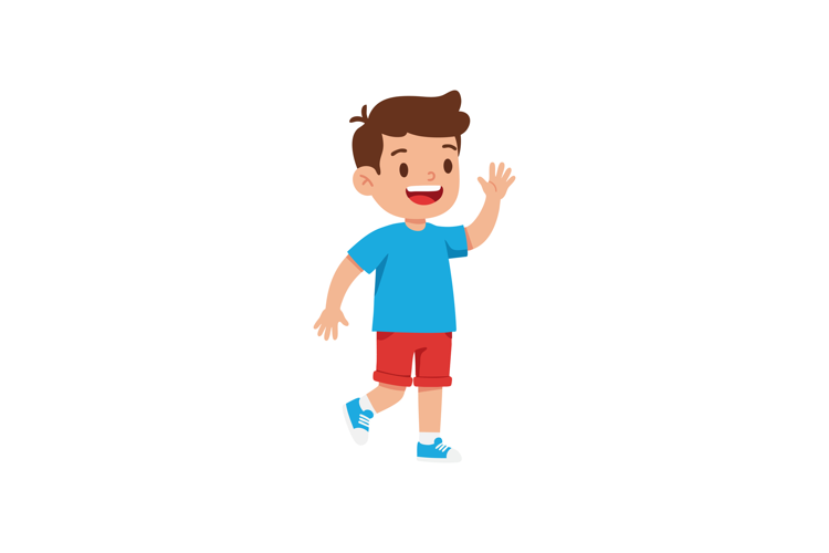 Happy young boy waving hand in blue shirt and red shorts vec
