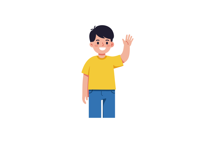 Boy Waving Hand Friendly Gesture Wearing Yellow Shirt and Bl