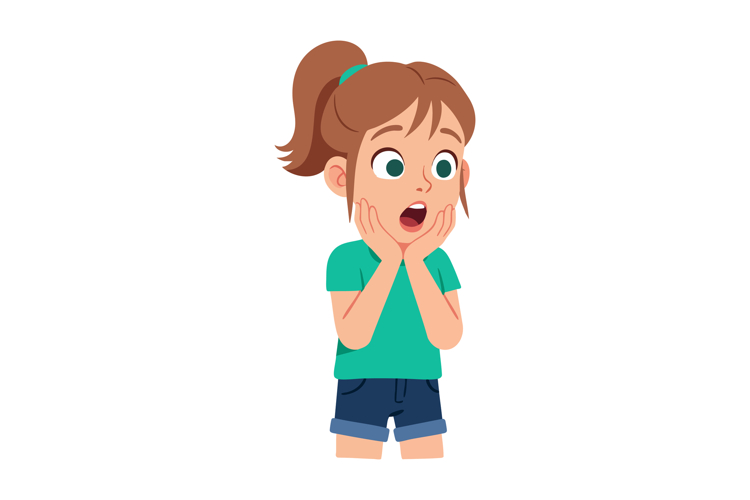 Young girl surprised expression with teal shirt and navy sho