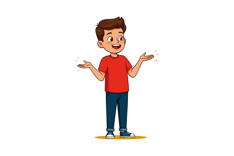 Boy in red shirt and blue pants smiling with open arms vecto