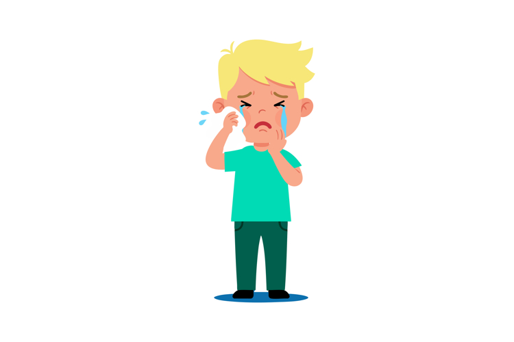 Crying boy wiping tears with sad expression in cartoon style example image 1