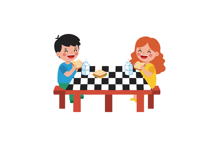Children enjoying sandwich lunch with milk at checkered tabl