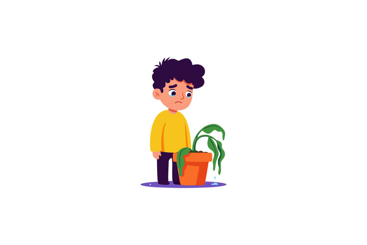 Sad boy standing next to wilting green plant in orange pot v example image 1