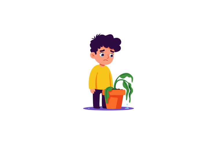 Sad boy standing next to wilting green plant in orange pot v