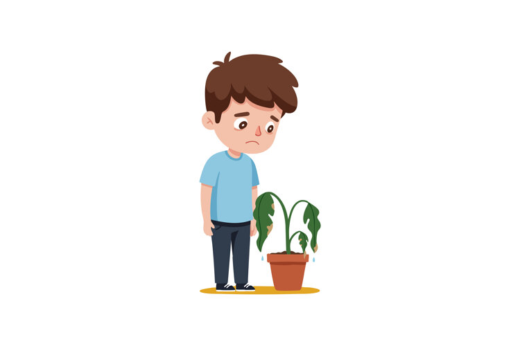 Sad boy standing next to wilting potted plant with drooping example image 1