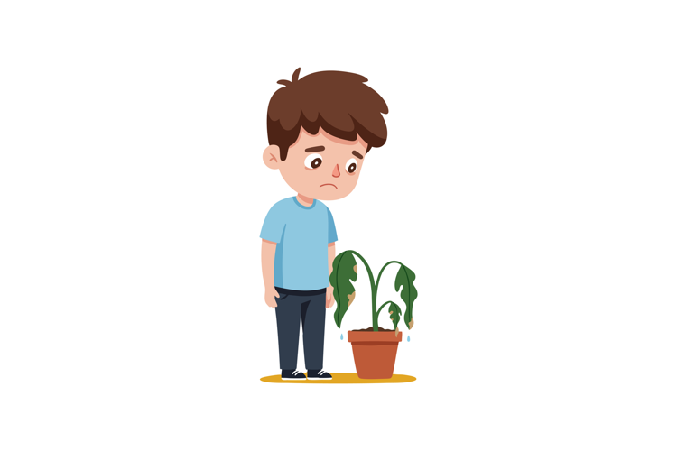 Sad boy standing next to wilting potted plant with drooping