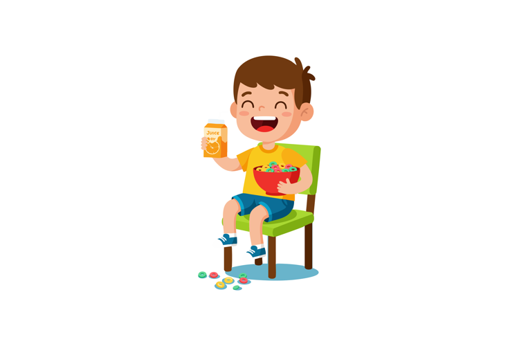 Happy boy eating colorful cereal and drinking orange juice s