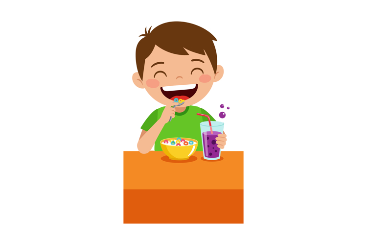 Happy boy eating colorful cereal with purple drink at orange example image 1
