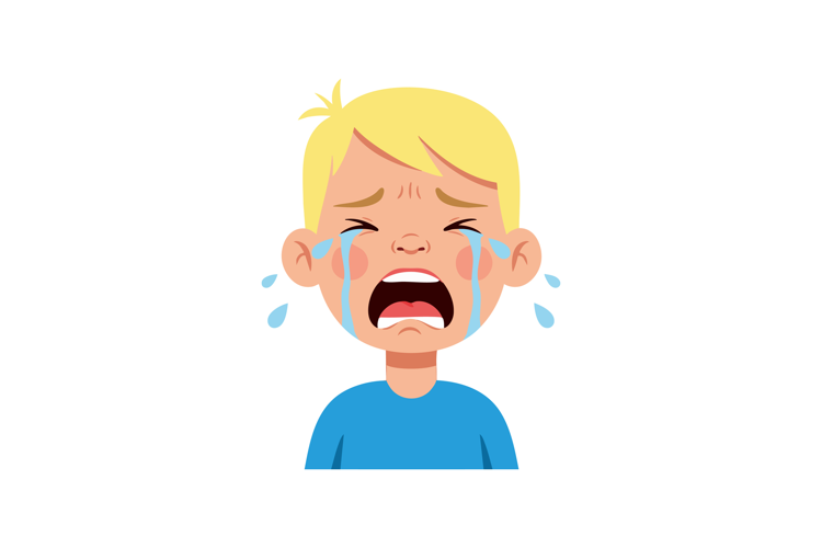 Crying boy with tears streaming down face in blue shirt vect