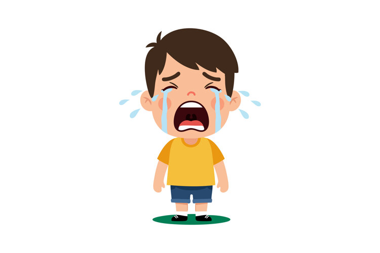 Crying toddler boy in yellow shirt and blue shorts expressin example image 1