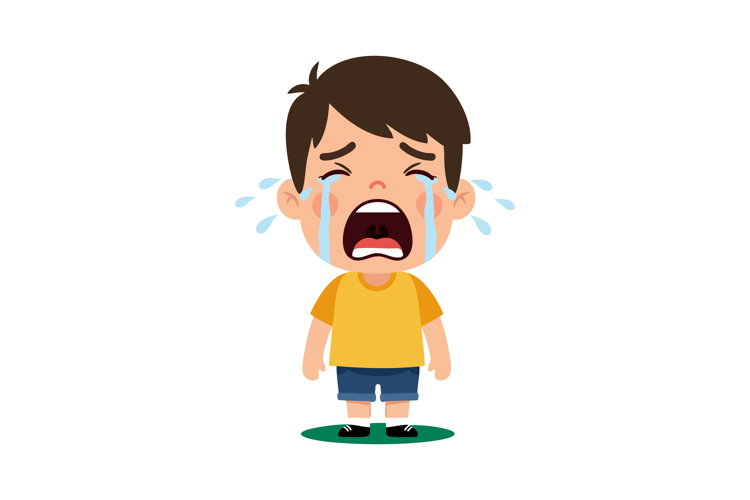 Crying toddler boy in yellow shirt and blue shorts expressin