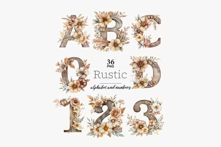 Rustic Alphabet Numbers | Digital Brown Neutral Letters