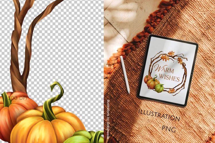 Rustic Autumn Pumpkin Wreath and Branch Frame PNG example image 1