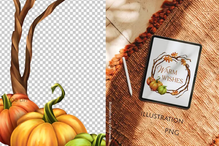 Rustic Autumn Pumpkin Wreath and Branch Frame PNG
