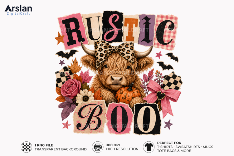 Rustic Boo Highland Cow PNG - Fall Halloween Design