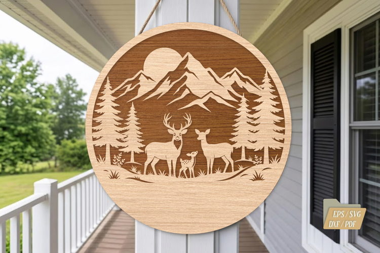 Rustic Cabin Deer Round SVG,Wooden Laser Cut Door Hanger