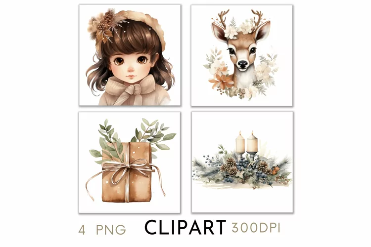 Rustic Christmas Illustrations Watercolor Clipart PNG