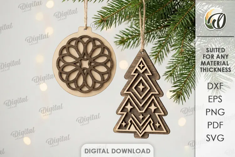 Rustic Christmas Ornaments Laser Cut. Christmas Decor SVG