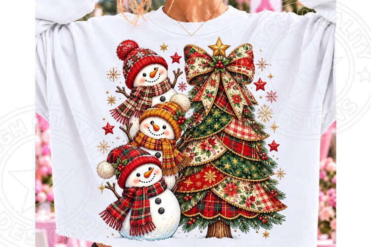 Rustic Christmas Tree and Snowmen PNG, Vintage Plaid Christm example image 1