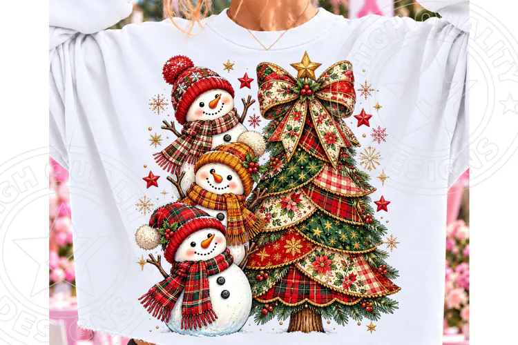 Rustic Christmas Tree and Snowmen PNG, Vintage Plaid Christm