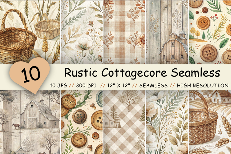 Rustic Cottagecore Seamless Patterns, Neutral Watercolor