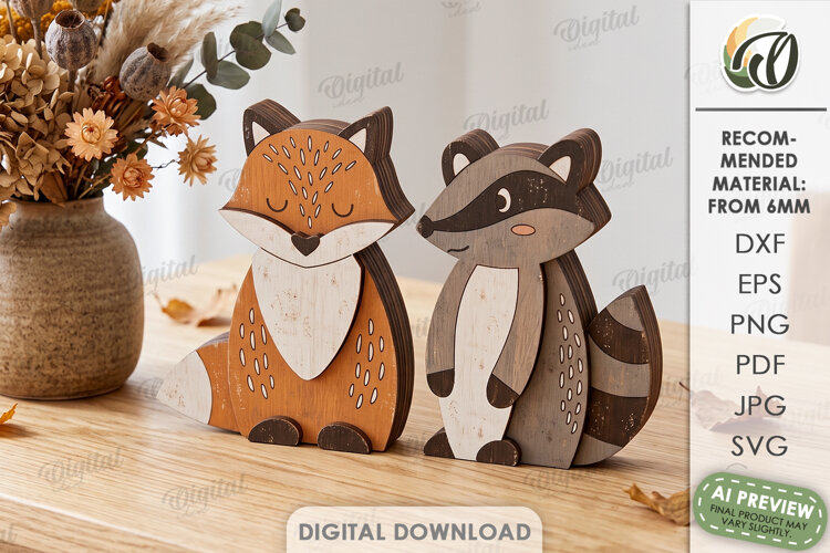 Rustic Fox and Raccoon Stands Laser Cut. Stand Decor SVG example image 1