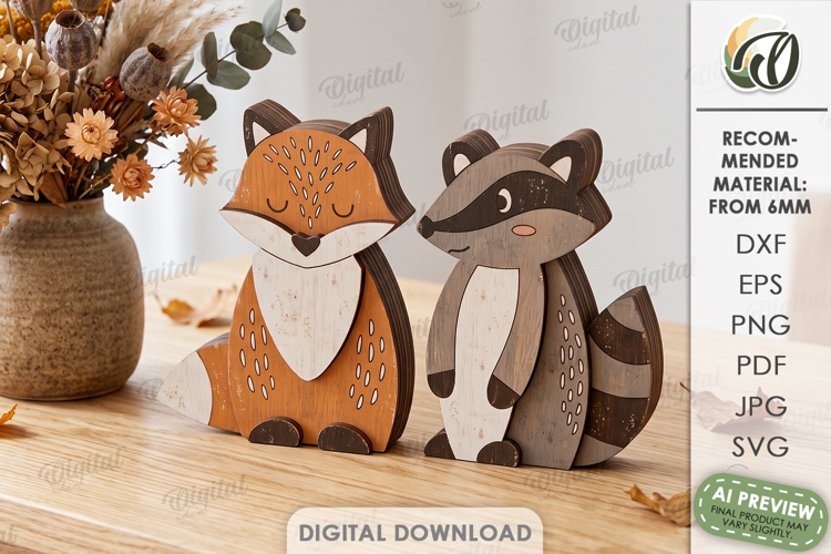 Rustic Fox and Raccoon Stands Laser Cut. Stand Decor SVG