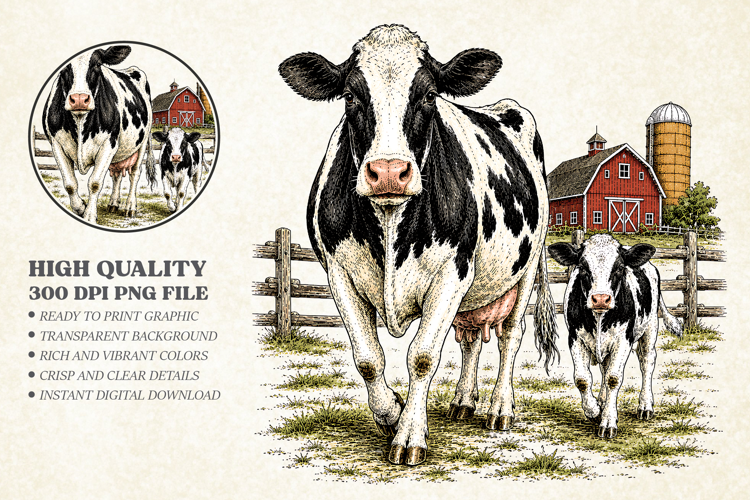 Rustic Farmhouse Cow and Calf PNG, Country Barn Design