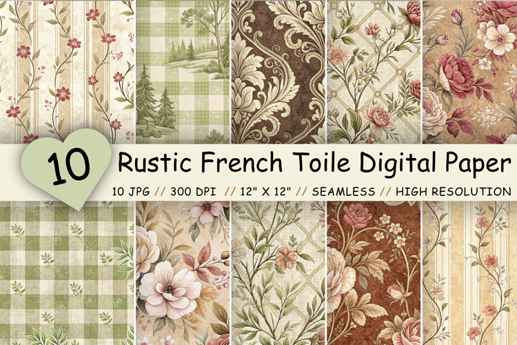 Rustic French Toile Digital Paper Pack, Vintage Floral Toile