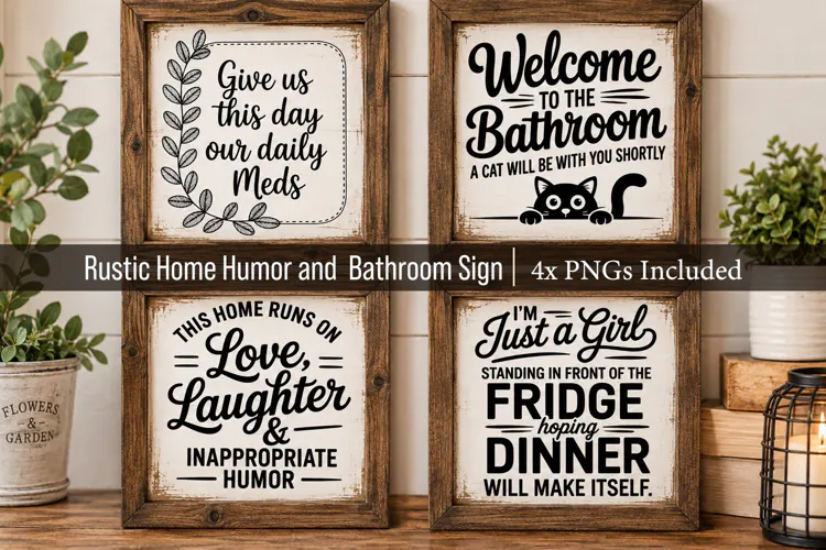 4x Rustic Home Humor & Bathroom Signs PNG
