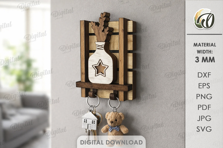 3D Rustic Key Holder Laser Cut. Wall Key Rack SVG