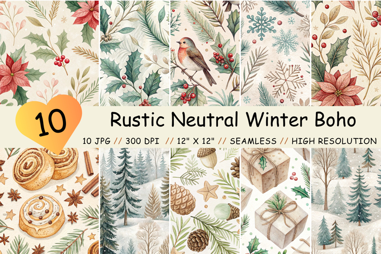 Rustic Neutral Winter Digital Paper | Seamless Watercolor