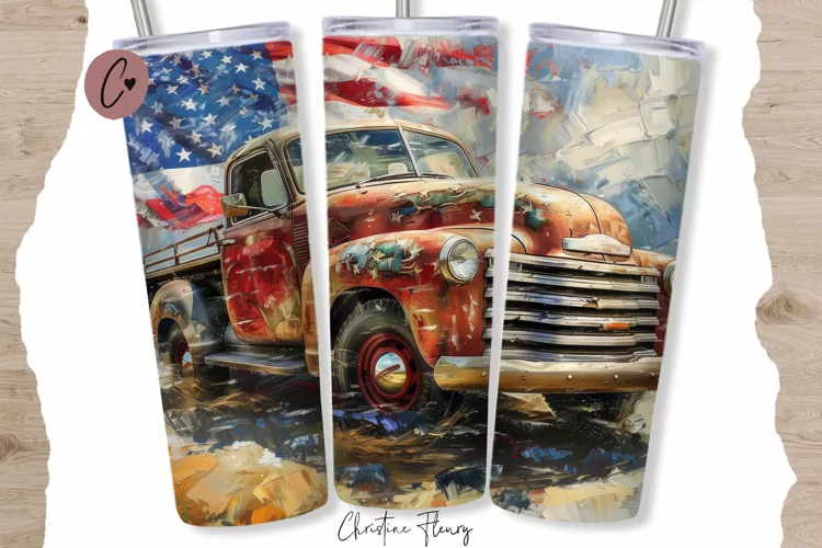 Patriotic Vintage Truck Tumbler Wrap PNG